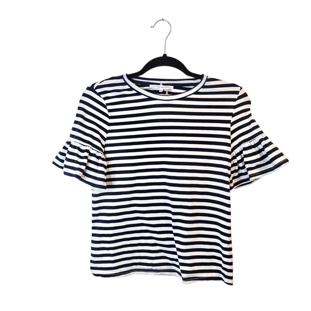 After Market Top Women XS Navy White Striped Ruffle Bell Sleeve Crew Neck